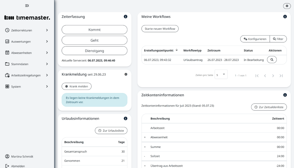 Mitarbeiter-Dashboard für Zeitbuchungen, Workflows und Informationen