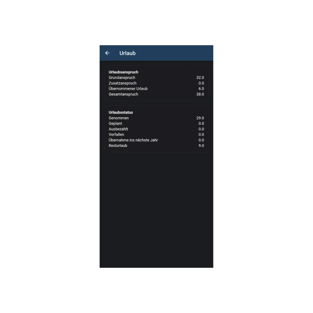 Aktuelle Infomationen zum Urlaub in der Timemaster App einsehbar