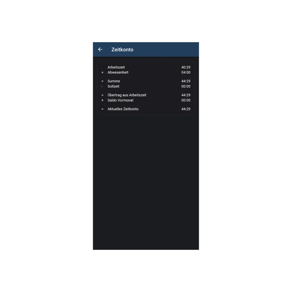 Infomationen zum Zeitkonto in der Timemaster App einsehbar