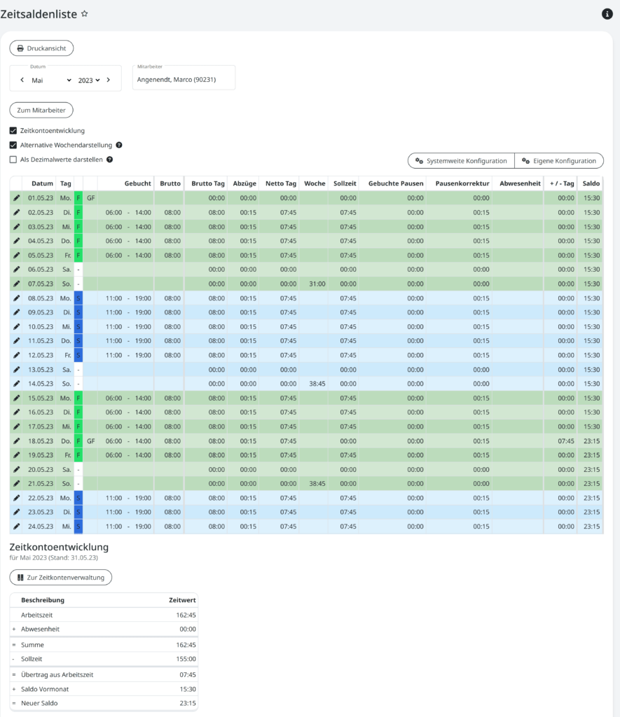 Darstellung der Schichten in der Zeitsaldenliste eines Mitarbeiters