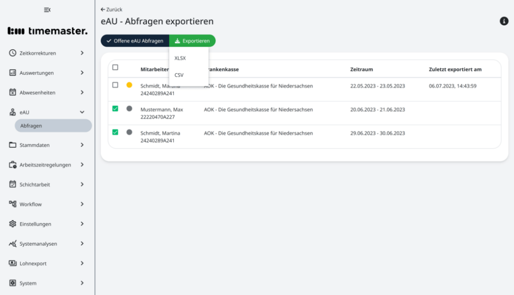 Export von eAU-Abfragen