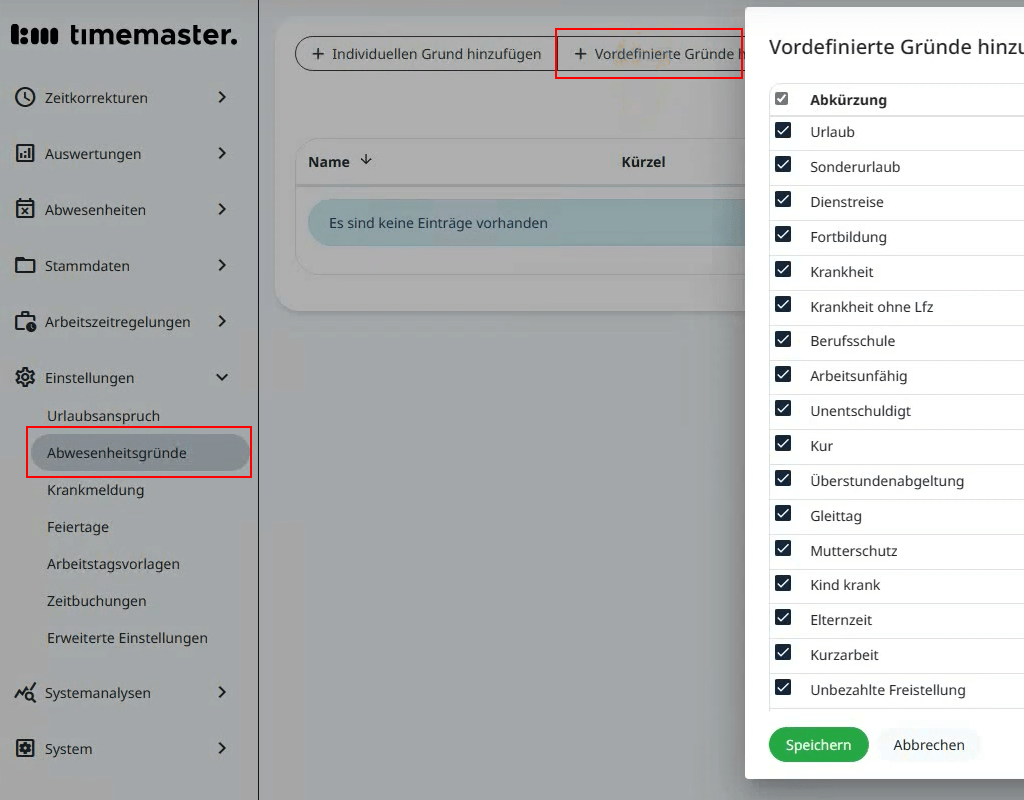 Hinzufügen von Abwesenheitsgründen in Timemaster