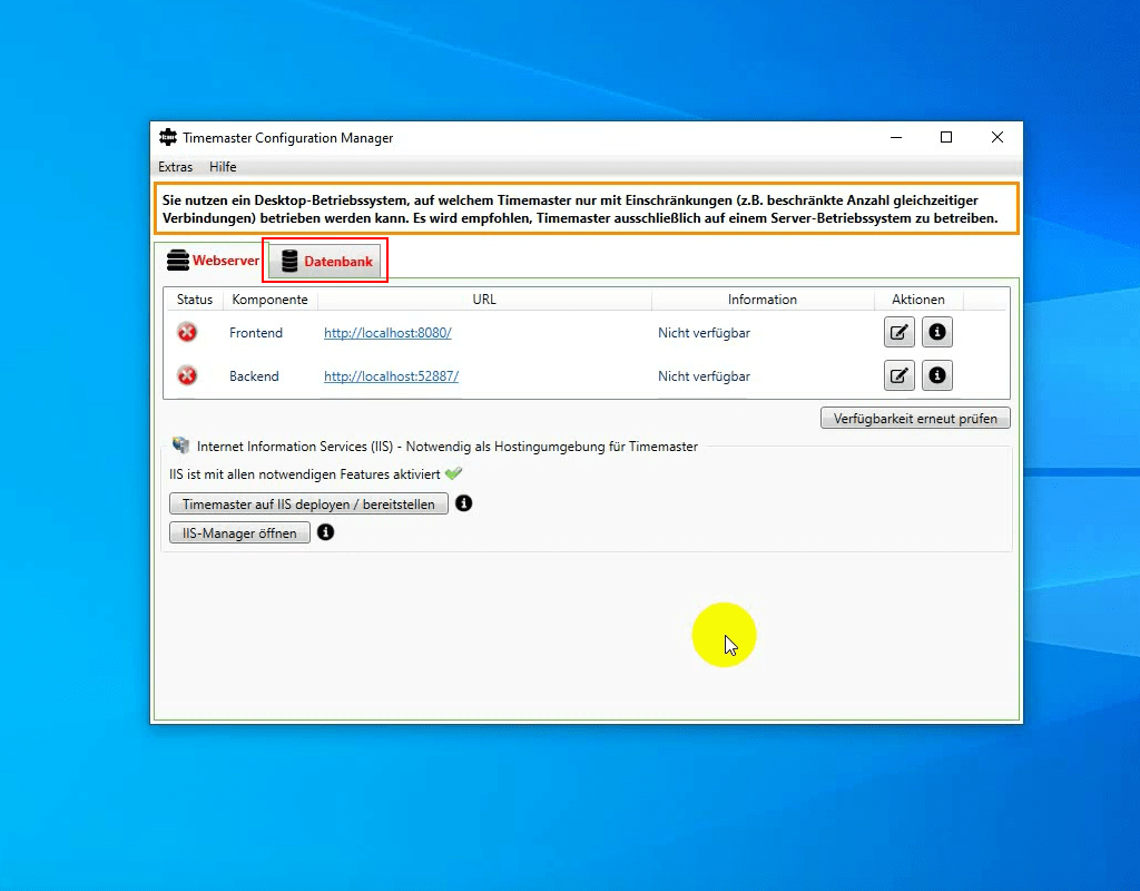 Erster Start des Timemaster Configuration Managers