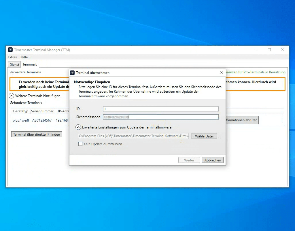 Eingabe des Terminalcodes