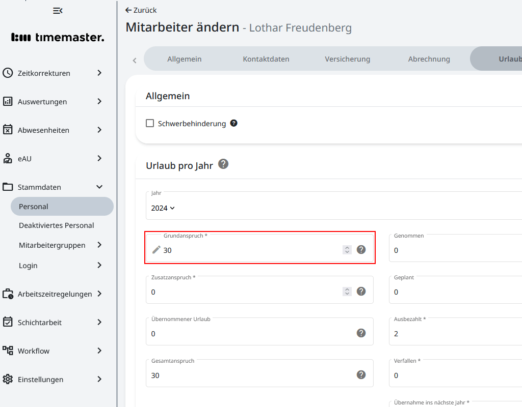 Hinterlegen des Urlaubs im Personalstamm