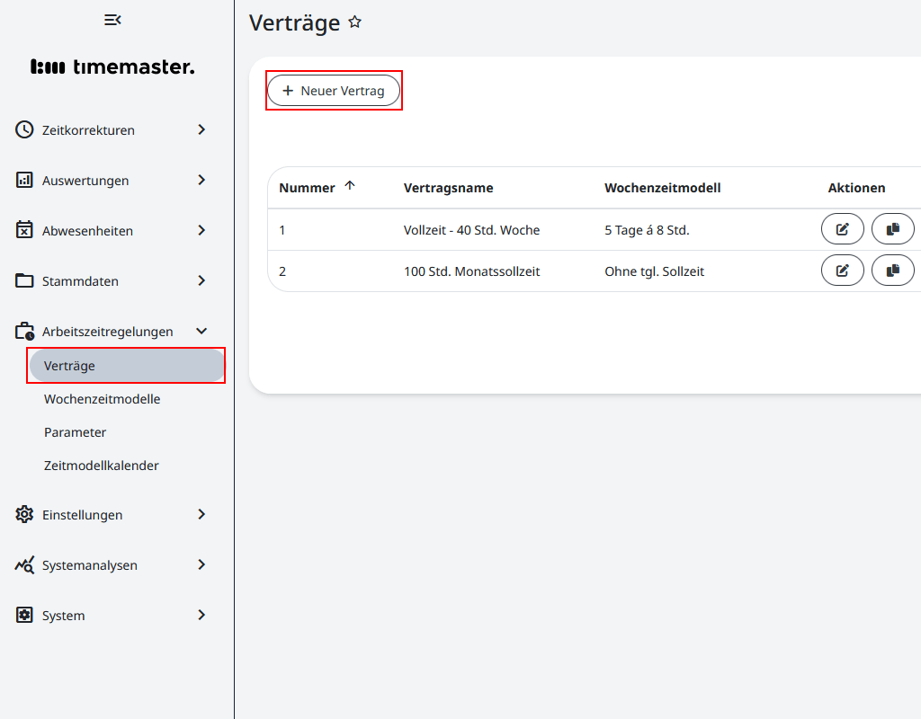 Übersicht der Verträge
