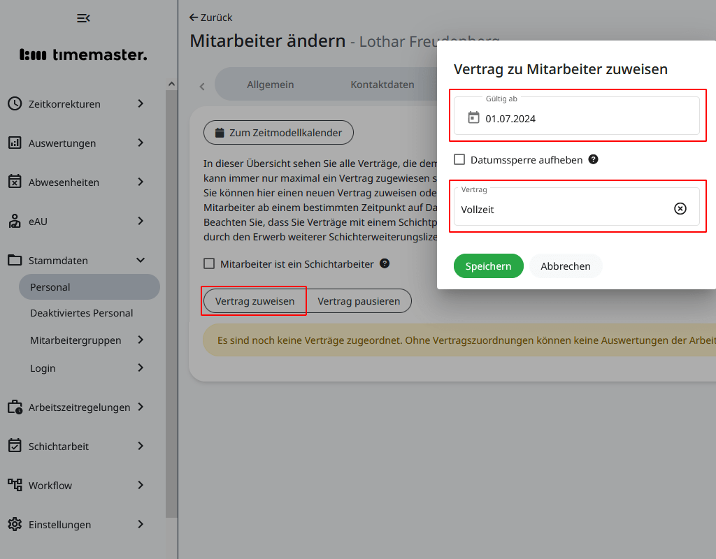 Zuweisen eines Vertrags im Personalstamm