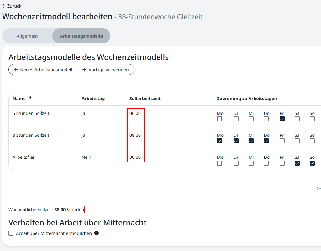 Erstellen eines Wochenzeitmodells mit 38 Stunden