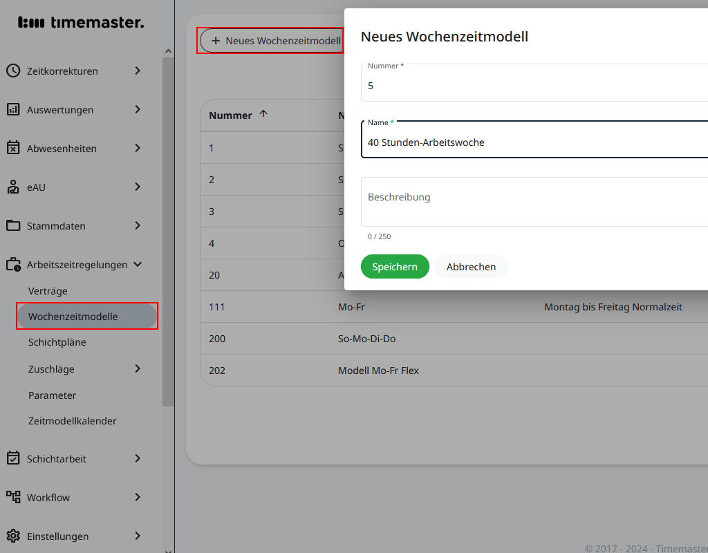 Anlegen eines Wochenzeitmodells