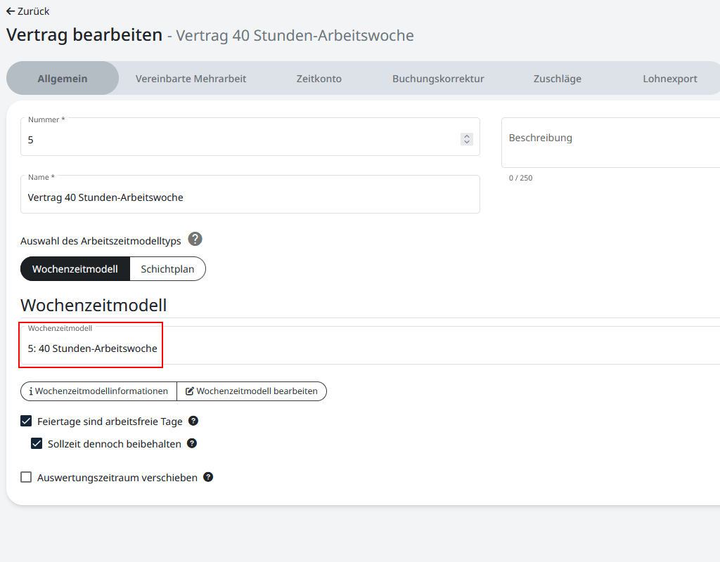 Hinterlegen des Wochenzeitmodells in einem Vertrag