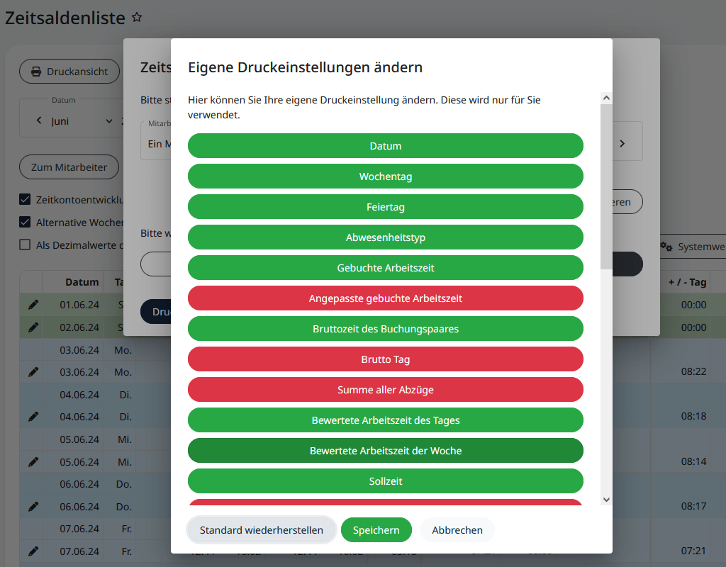 Anwahl der Spalten für den Ausdruck der Saldenliste