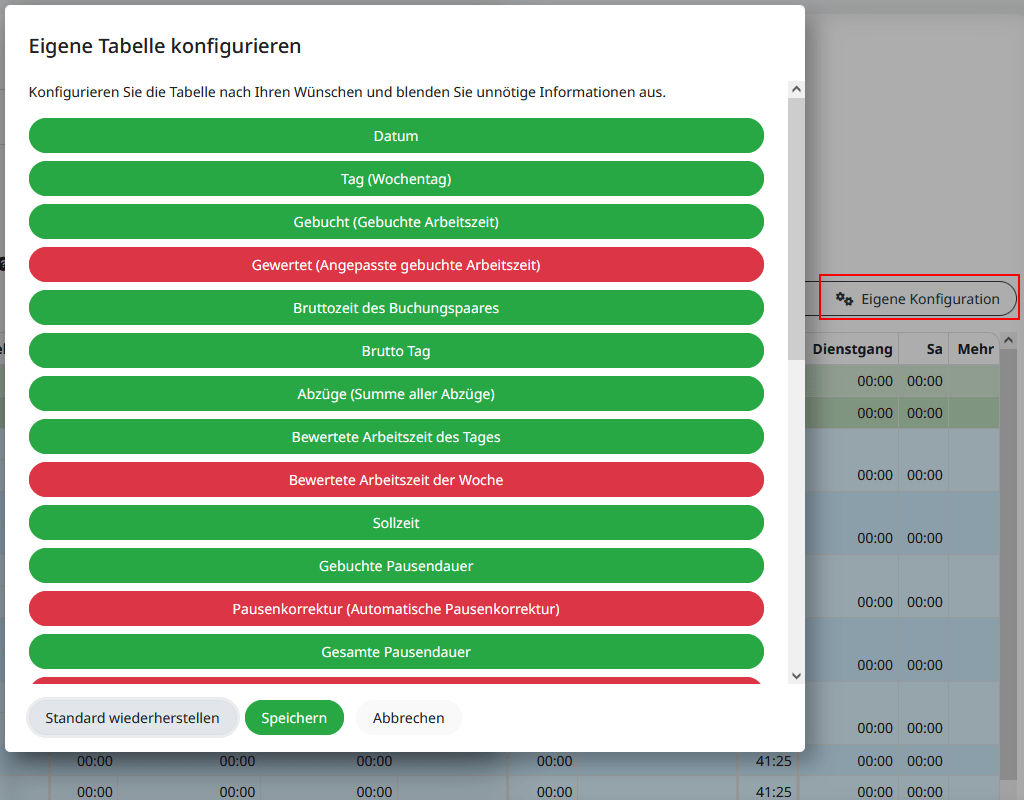 Eigene Konfiguration in Zeitsaldenliste anpassen