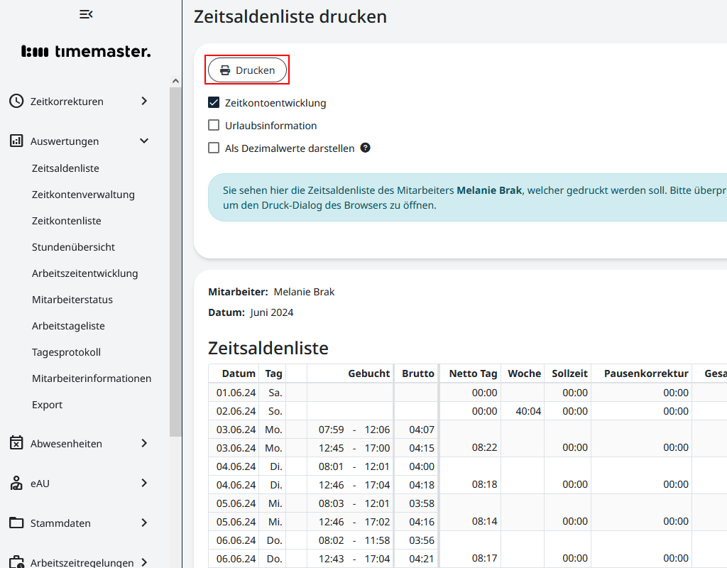 Druckvorschau der Zeitsaldenliste