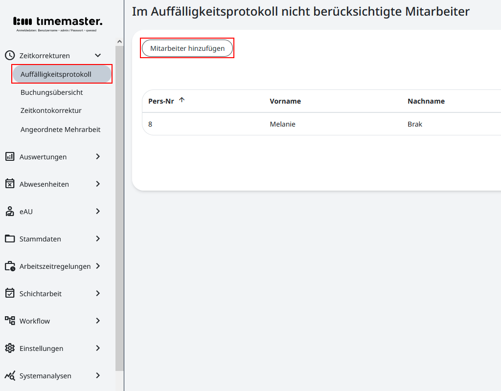 Konfiguration der im Auffälligkeitsprotokoll nicht berücksichtigten Mitarbeiter