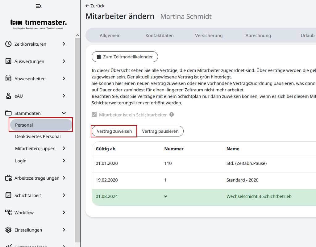 Zuweisung des Vertrags im Personalstamm