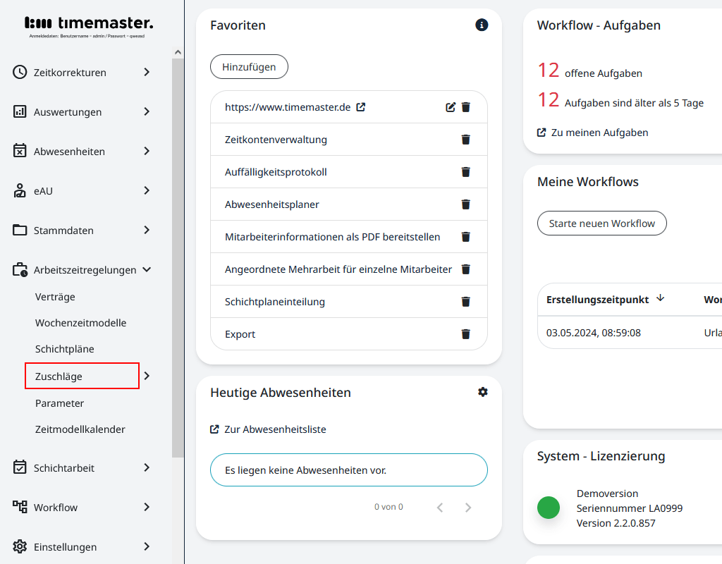 Ansicht des Menüpunktes für die Zuschlagsregelungen