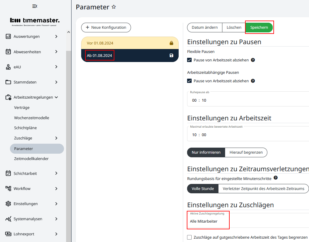 Hinterlegen einer neuen Parameterliste