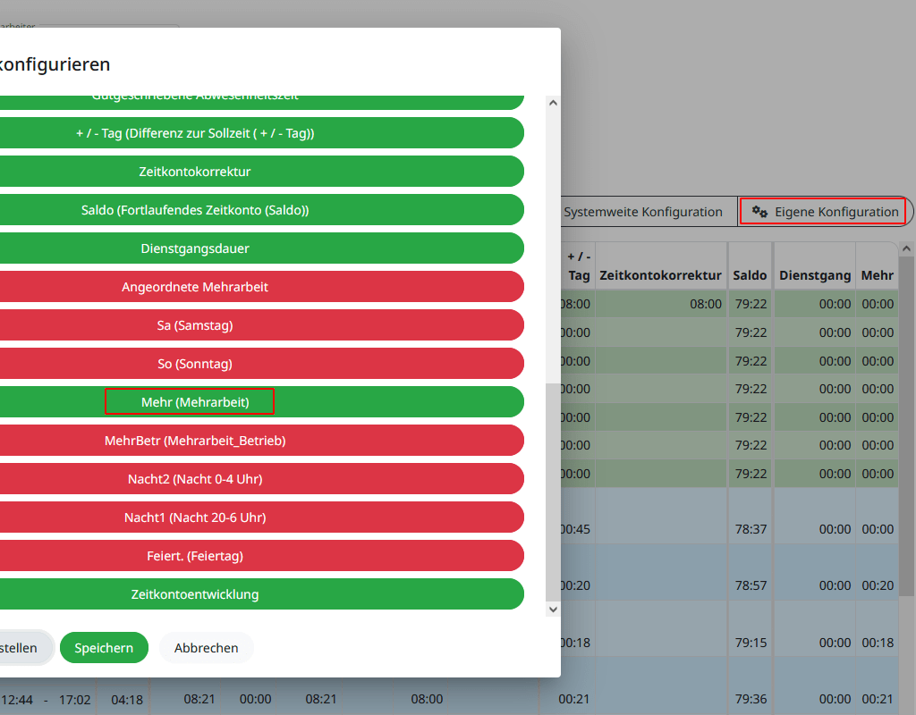 Konfiguration der Ausgaben innerhalb der Zeitsaldenliste