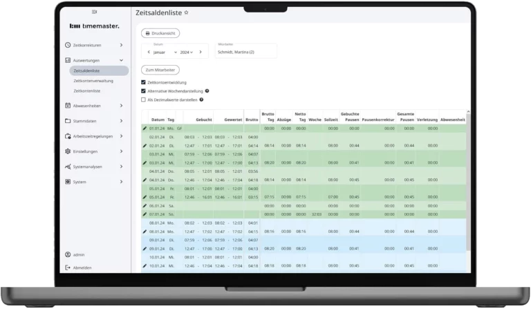 Alle Zeitdaten und Berechnung monatlich je Mitarbeiter