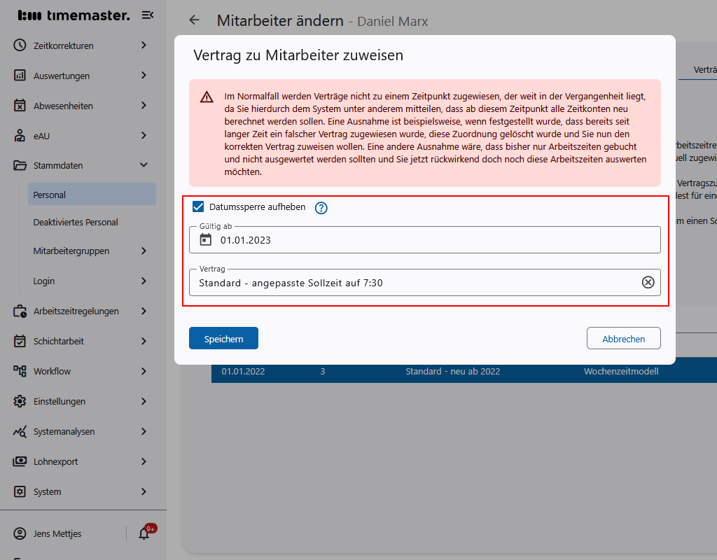 Zuweisung des angepassten Vertrags