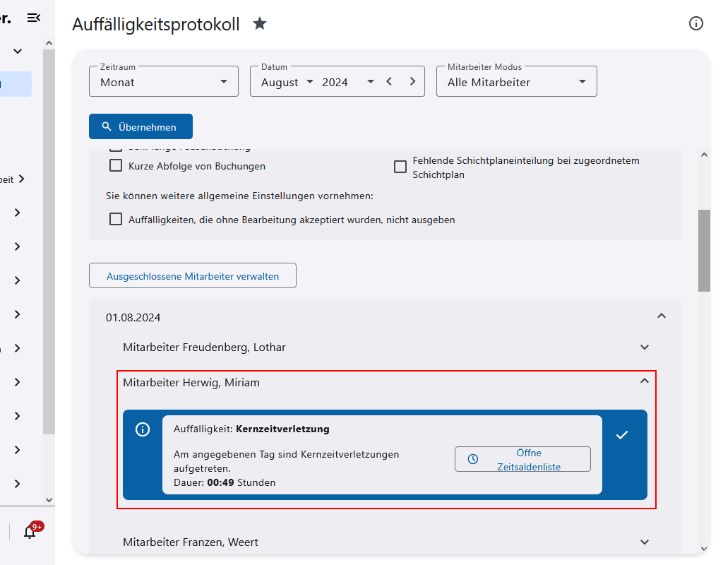 Tagesübersicht mit Auffälligkeitsanzeige