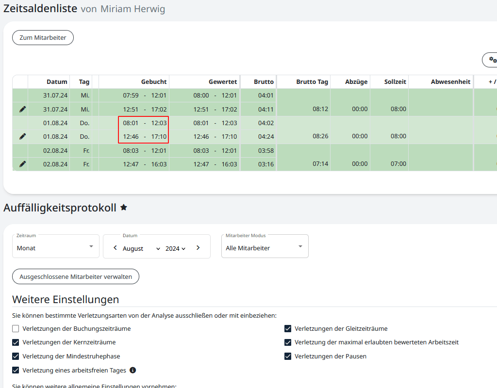 Einblendung der Zeitsaldenliste