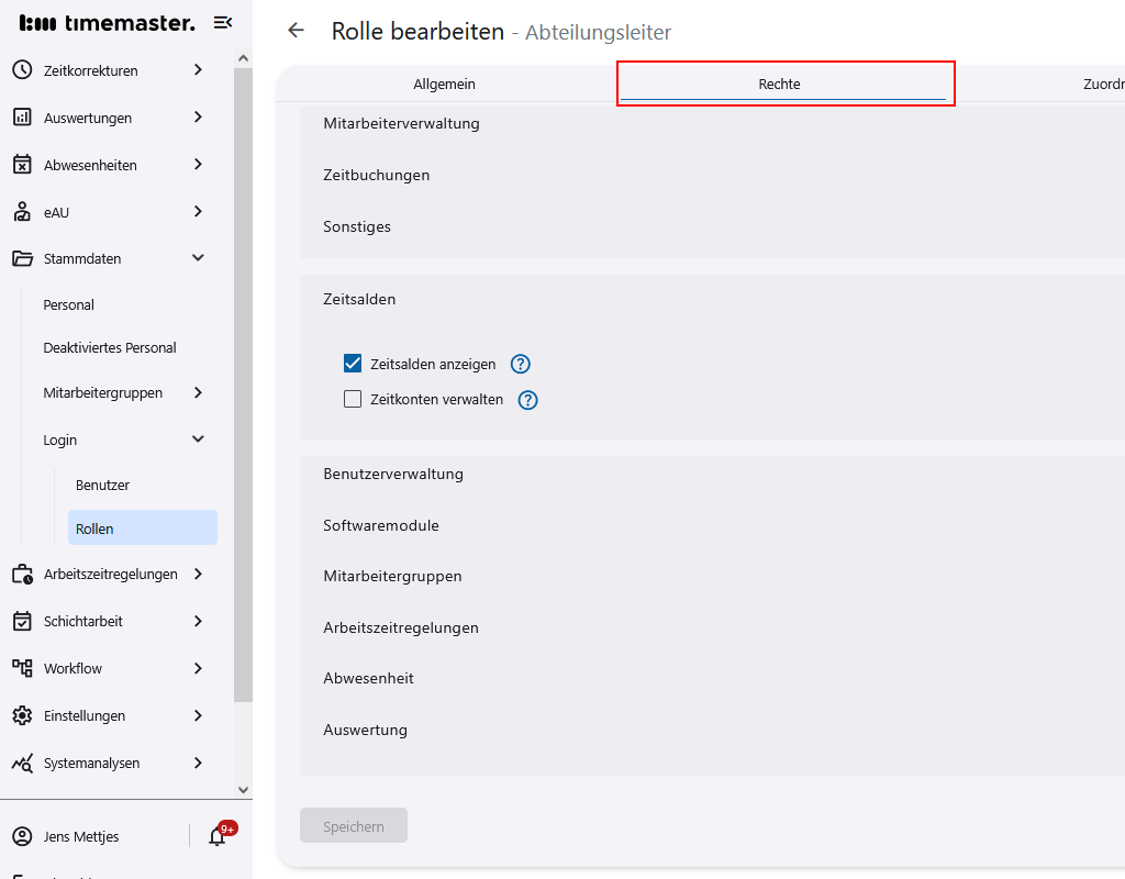 Konfiguration der Rechte innerhalb der Rolle