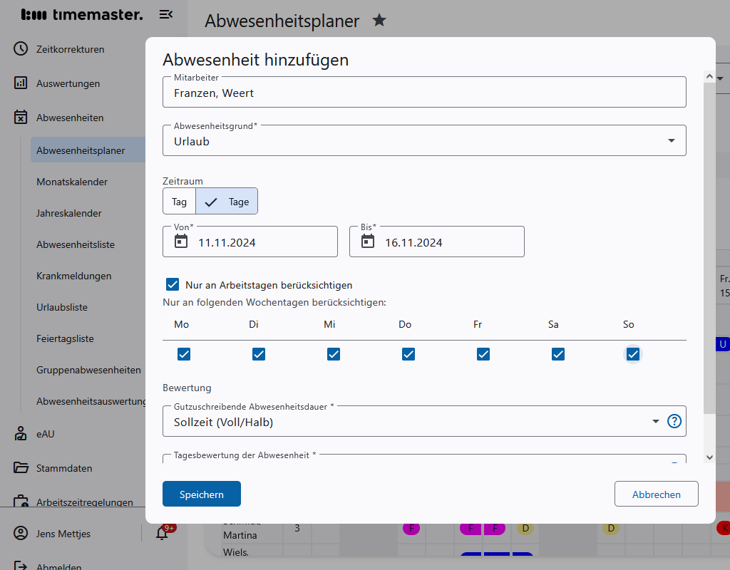 Eintragen einer Abwesenheit