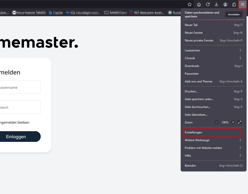 Öffnen der Einstellungen in Firefox