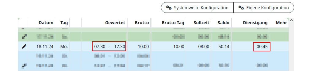 Ansicht des Dienstgangs in der Zeitsaldenliste