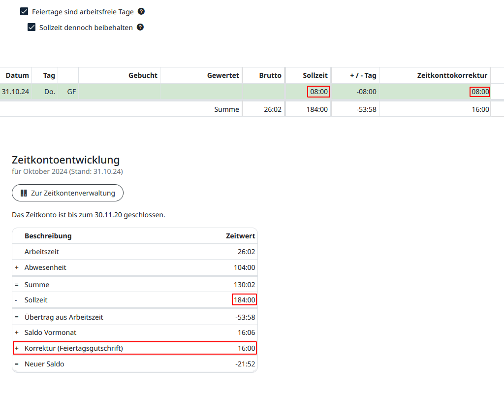 Auswesen der Sollzeit an Feiertagen