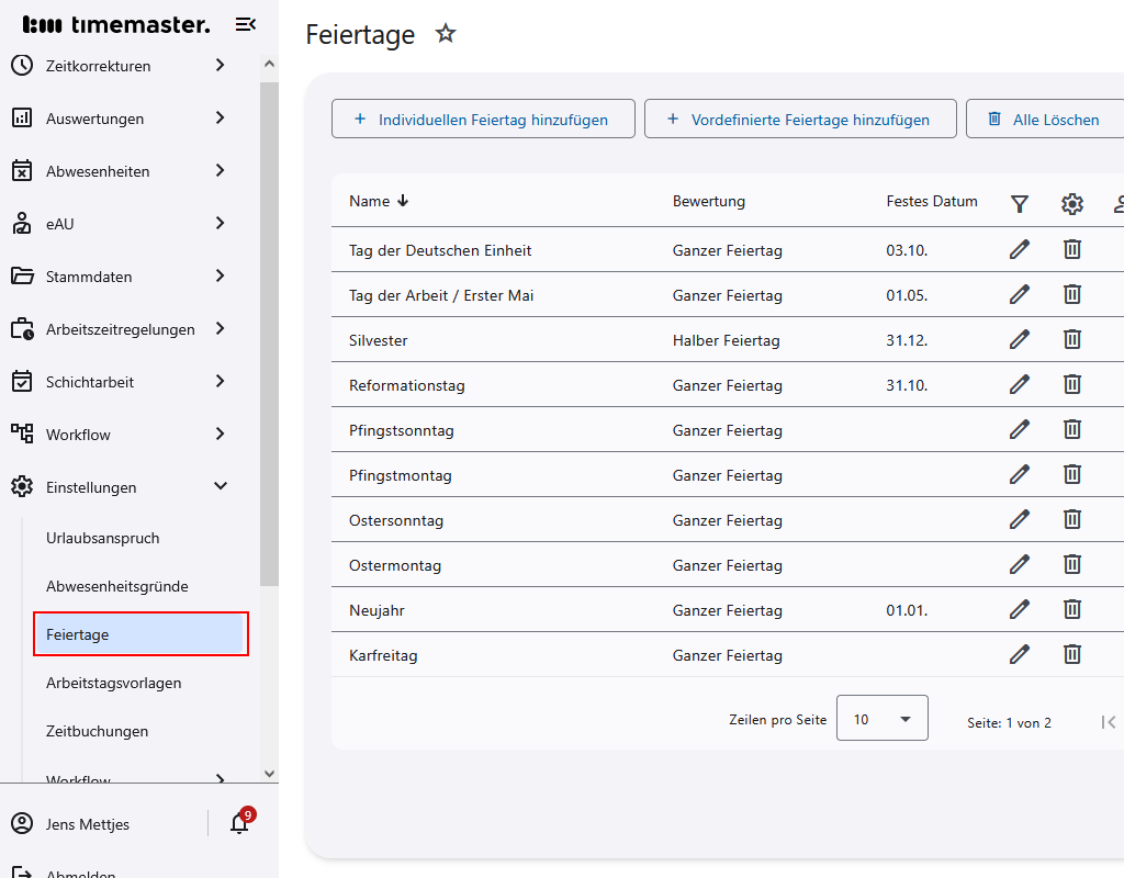 Konfiguration der Feiertage
