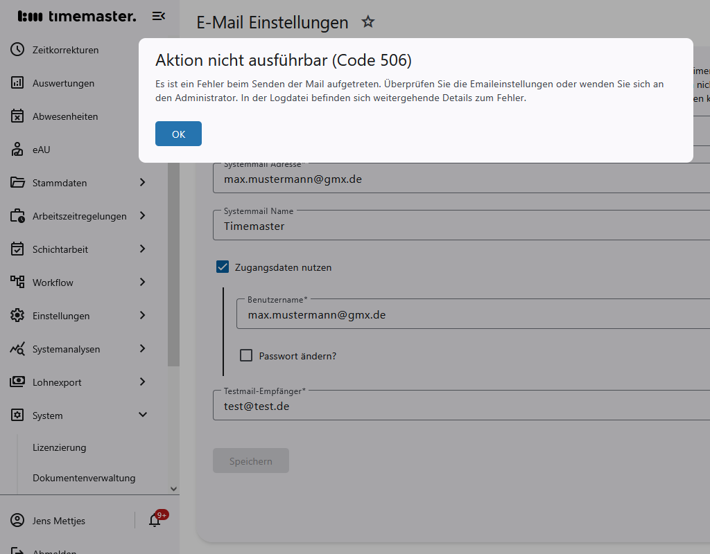 Fehleranzeige beim Mailversand
