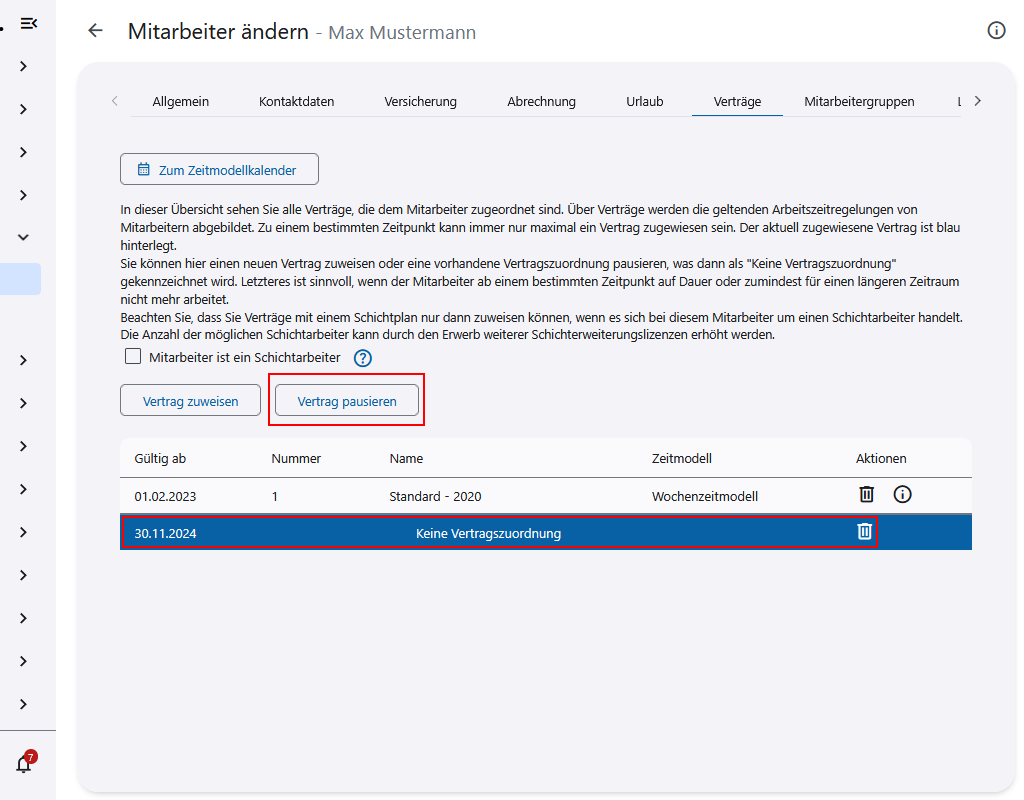 Hinterlegen eienr Vertragspause
