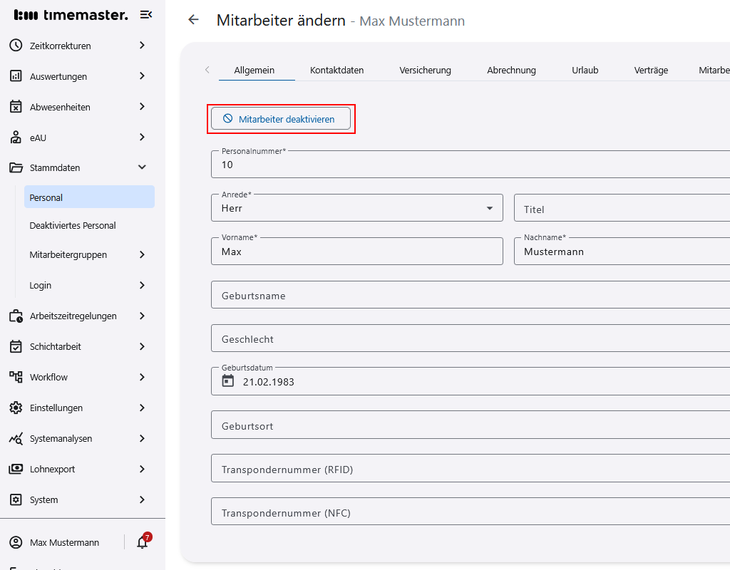 Deaktivieren des Mitarbeiters