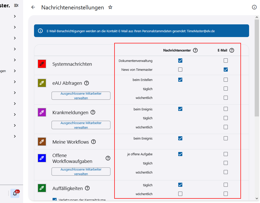 Auswahlmöglichkeiten der Benachrichtigung