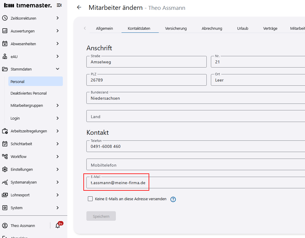 E-Mail Eintrag im Personalstamm