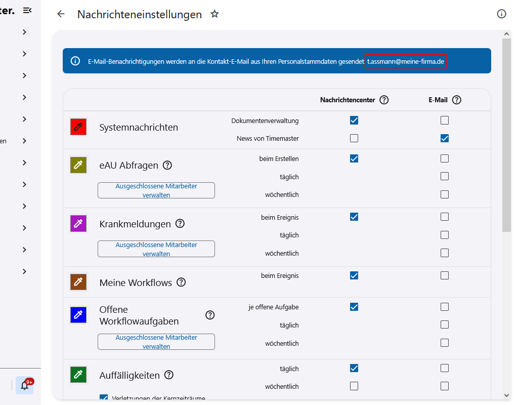 E-Mail Eintrag im Nachrichtencenter