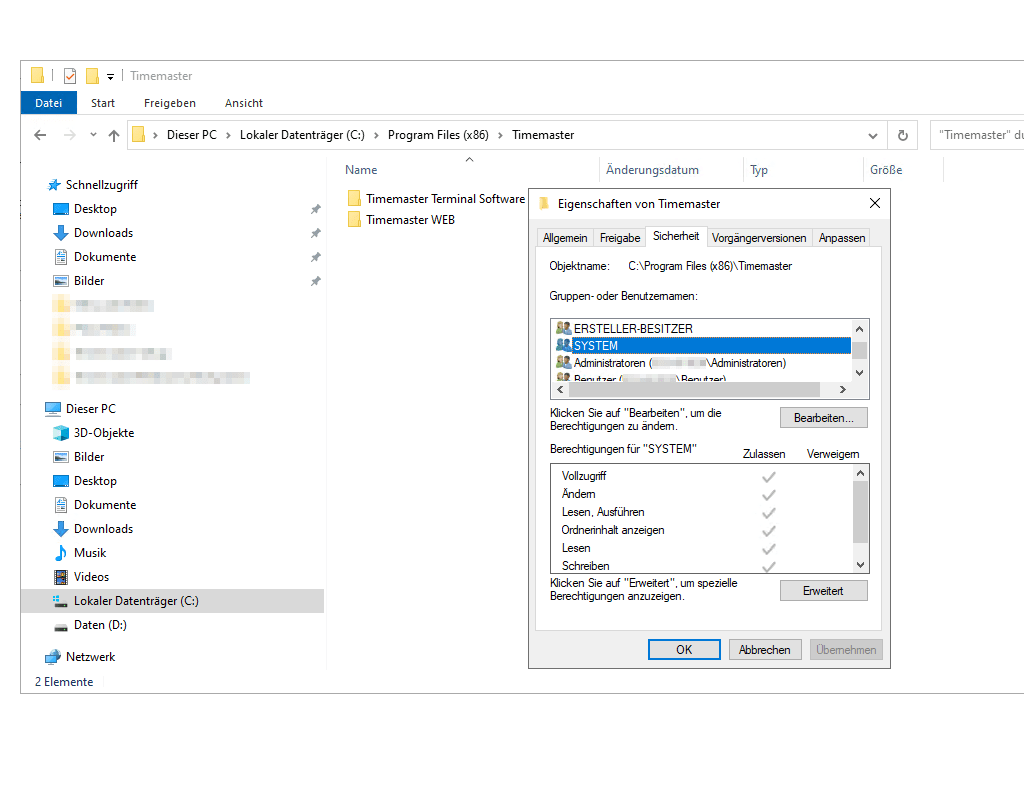 Berechtigungen im Verzeichnis der Timemaster-Installation