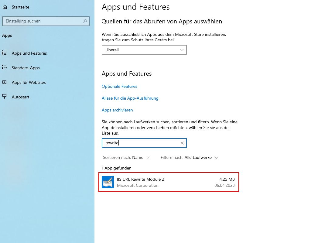 Prüfung der Installation des URL Rewrite-Moduls