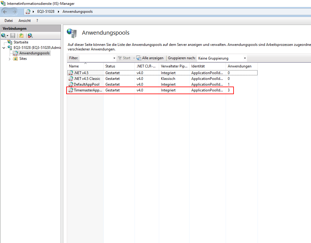 Prüfung des TimemasterAppPools
