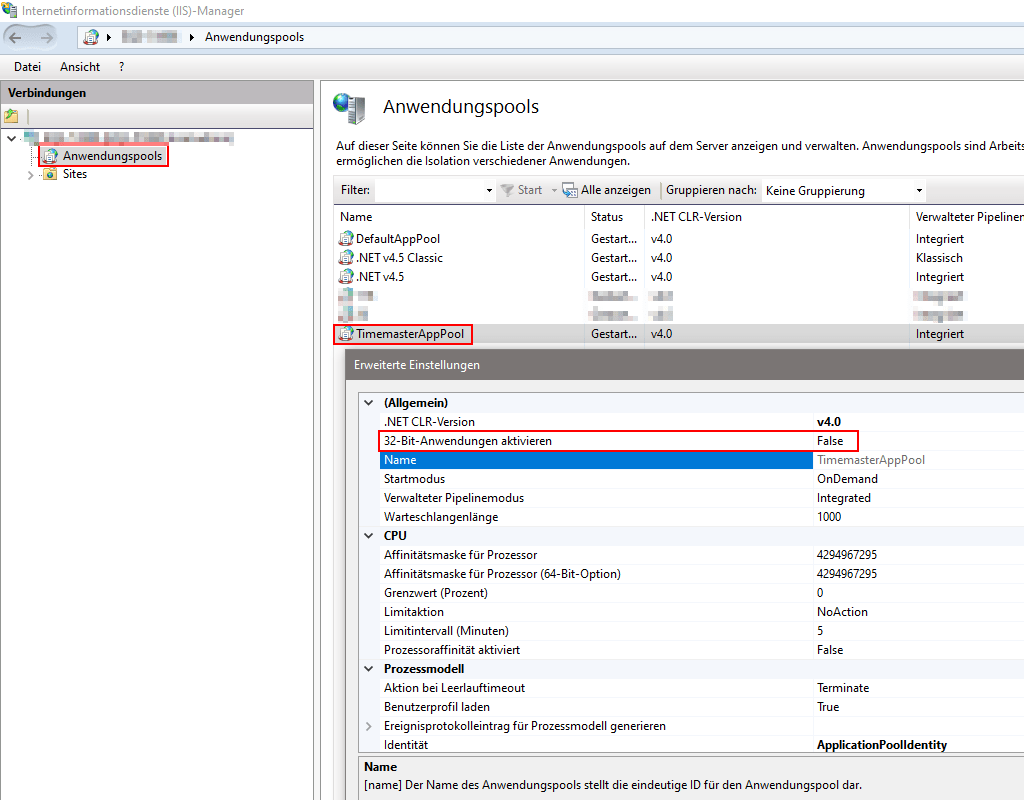 Deaktivieren der 32-Bit Anwendung im TimemasterAppPool