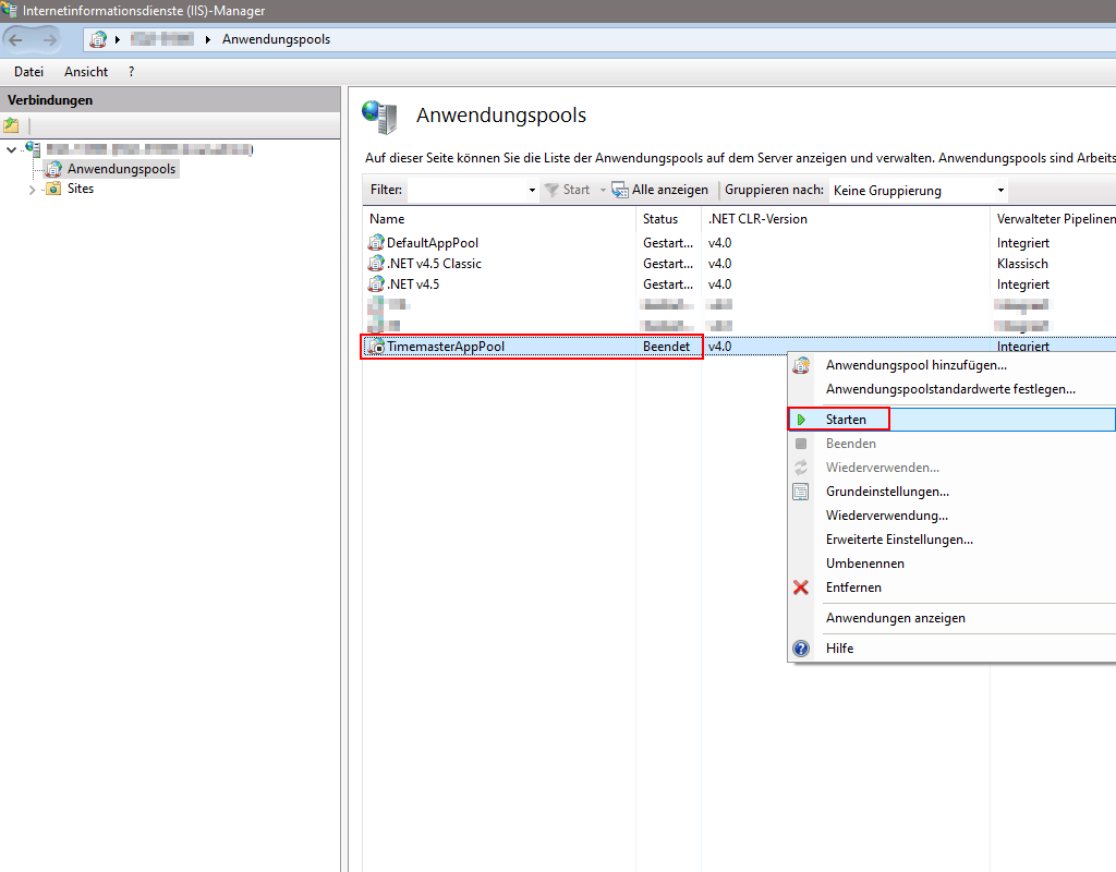 Starten des Anwendungspools über den IIS