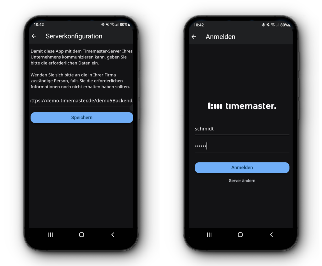 Am Smartphone wird die Ersteinrichtung der Timemaster-App gezeigt
