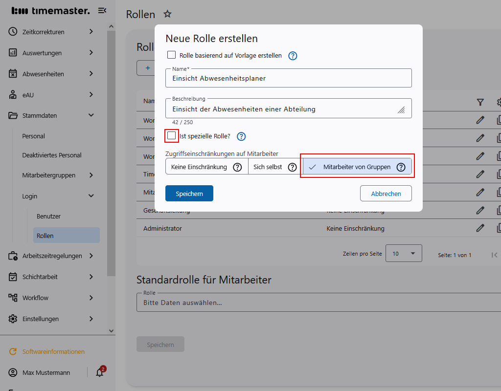 Anlegen einer Rollen zur gruppenweisen Abwesenheitseinsicht