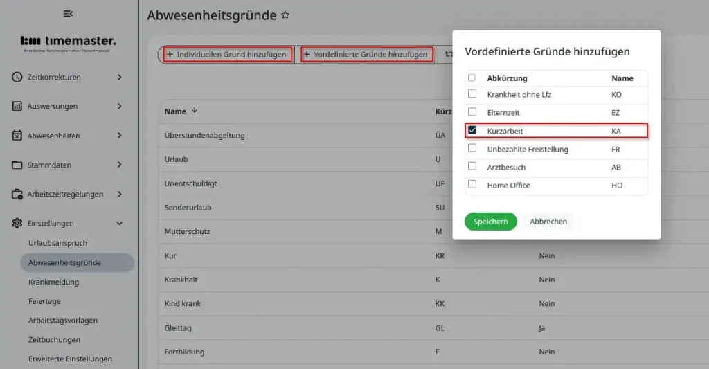 Eintragung von Kurzarbeit in der Timemaster WEB Zeiterfassung