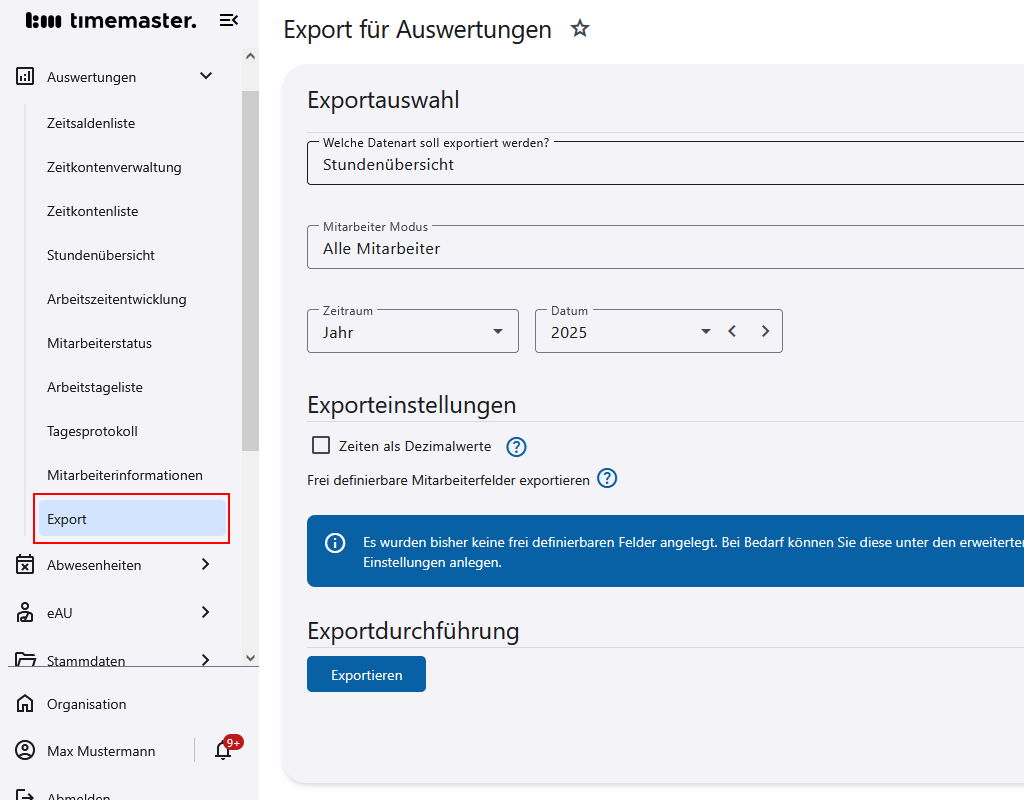 Zugriff auf die Export-Funktion