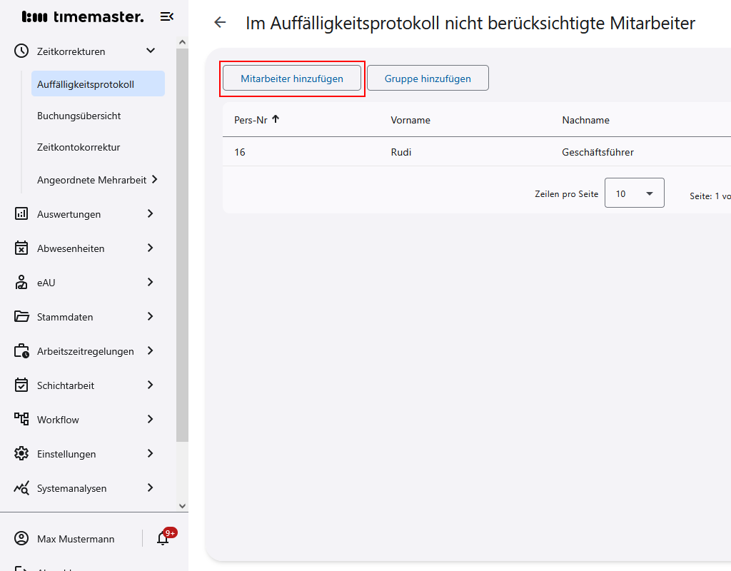 Hinzufügen des auszuschließenden Mitarbeiters