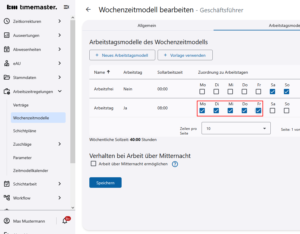 Festlegung der Arbeitstage