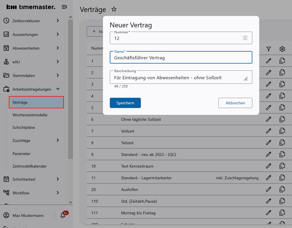 Anlegen eines Vertrags
